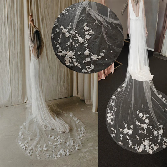 3D Flowers Wedding Veil with Pearls