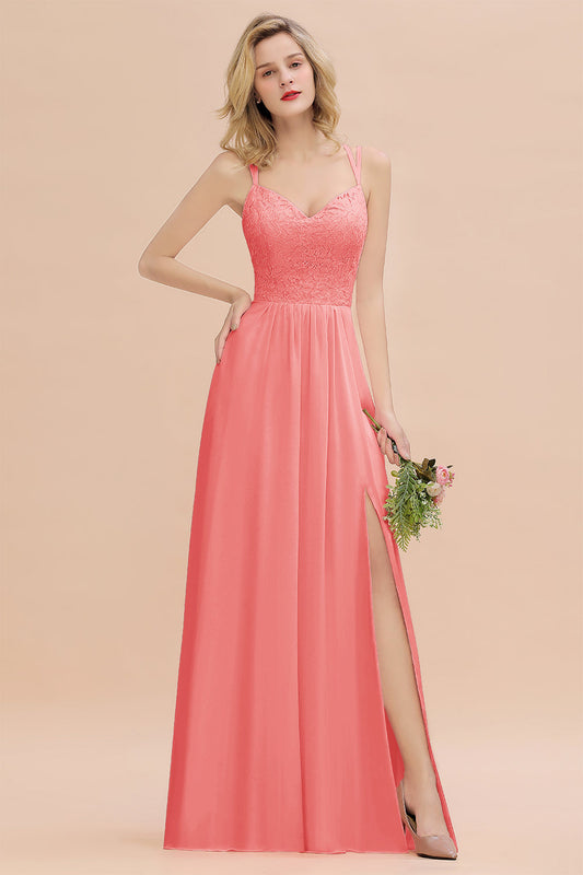 A-Line Chiffon Spaghetti Straps Sweetheart Long Bridesmaid Dress with Slit