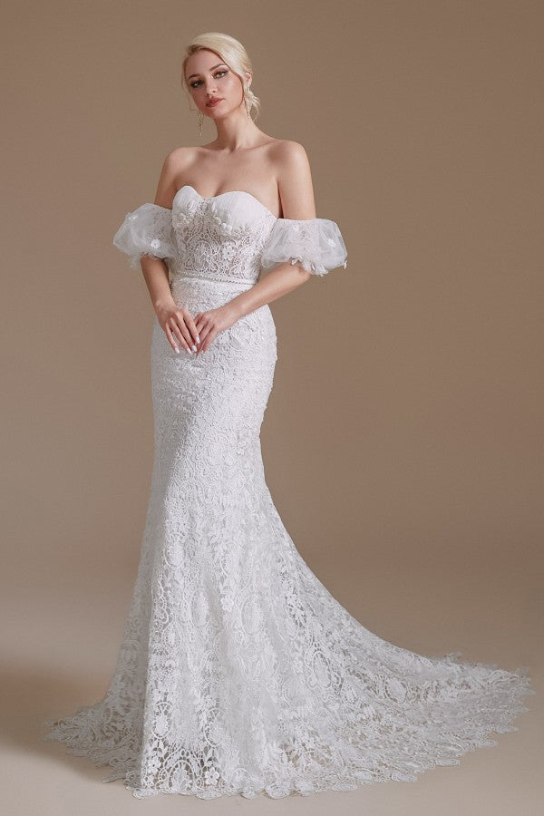 Beautiful Long Mermaid Sweetheart Lace Wedding Dresses with Detachable Sleeves