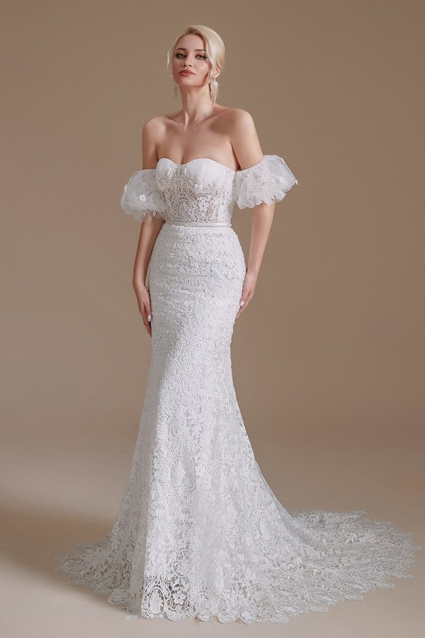 Beautiful Long Mermaid Sweetheart Lace Wedding Dresses with Detachable Sleeves