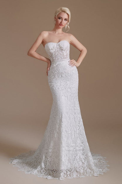 Beautiful Long Mermaid Sweetheart Lace Wedding Dresses with Detachable Sleeves