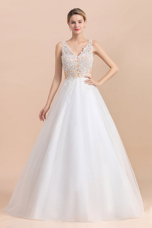 Boho Long A-line V-Neck Straps Tulle Appliques Lace Wedding Dress