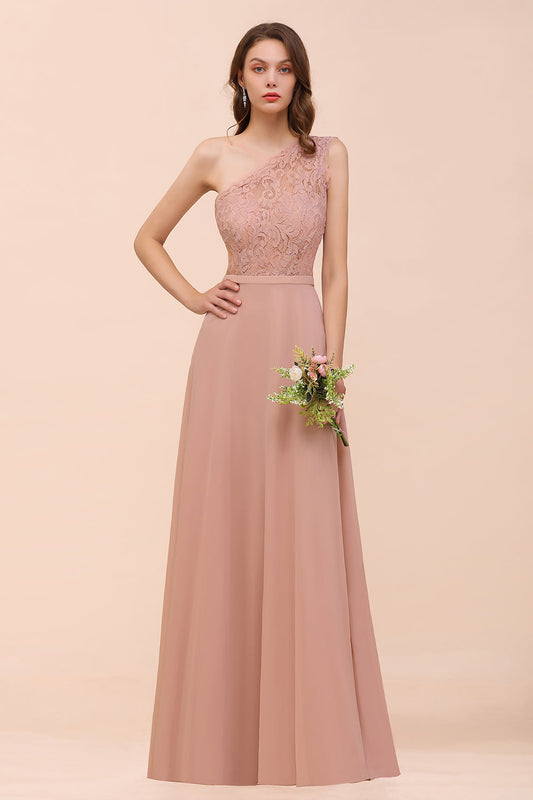 Classy Long A-Line One Shoulder Chiffon Bridesmaid Dress with Appliques Lace