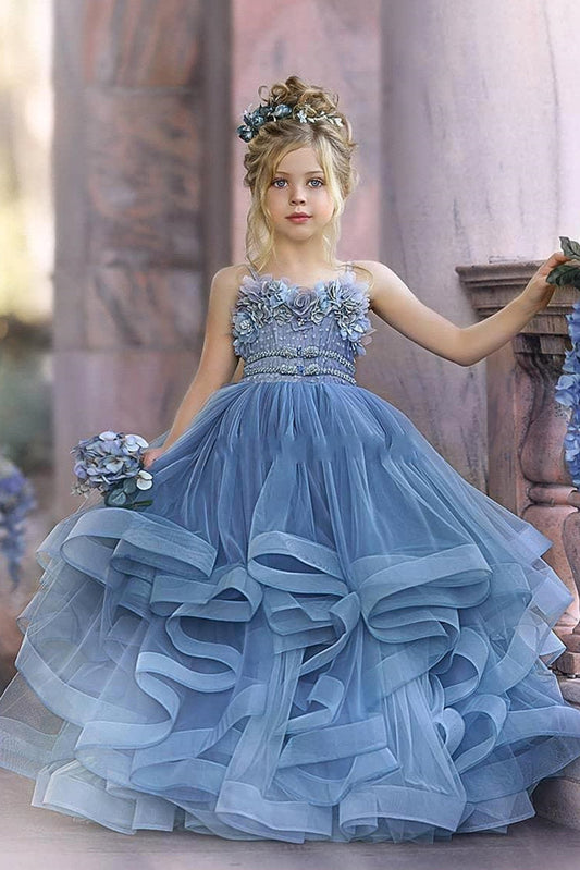 Cute Dusty Blue Long Strapless Princess Tulle Flower Girl Dresses