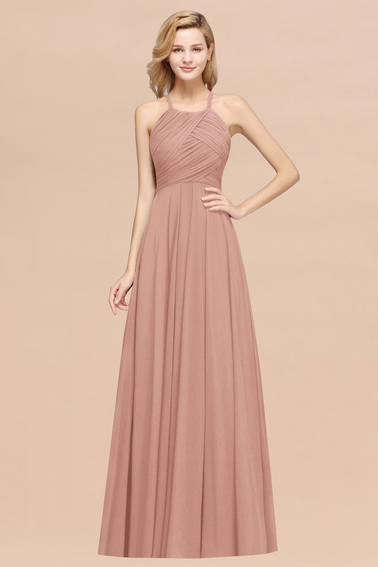 Elegant A-Line Chiffon Halter Ruffles Long Bridesmaid Dress