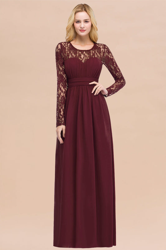 Elegant A-Line Chiffon Jewel Long Sleeves Bridesmaid Dresses with Ruffles