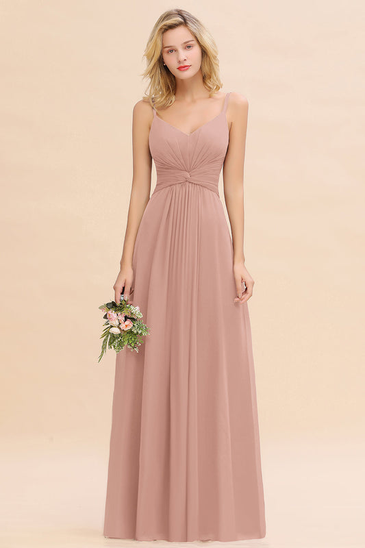 Elegant A-line Chiffon Spaghetti Straps Long Bridesmaid Dress with Ruffles