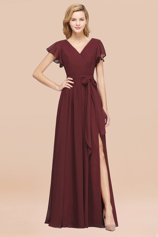 Elegant A-line Chiffon V-Neck Bow Sash Long Bridesmaid Dresses with Slit