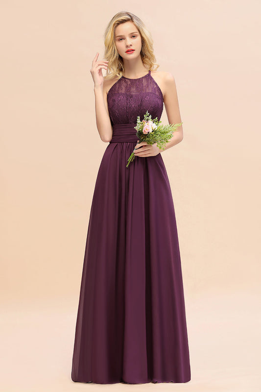 Elegant Halter Ruffles Sleeveless Lace Grape Bridesmaid Dresses