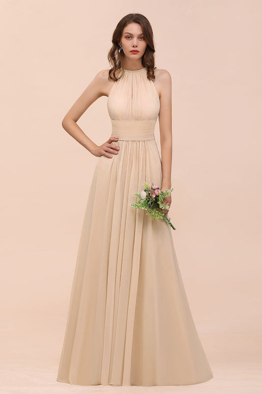 Elegant Long A-Line Jewel Chiffon Champagne Bridesmaid Dress with Ruffle