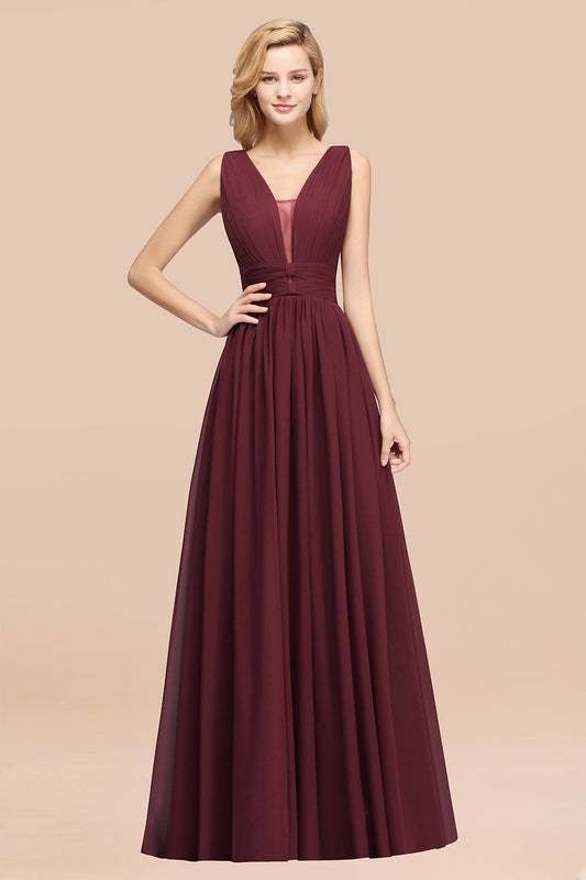 Long A-Line Chiffon V-Neck Sleeveless Bridesmaid Dress