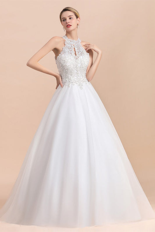 Long A-line Halter Lace Appliques Sequins Sleeveless Wedding Dress