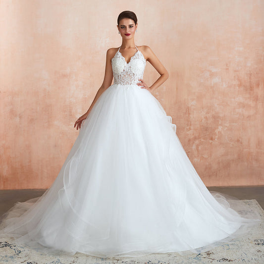 Long A-line Halter Open Back Appliques Tulle Wedding Dress