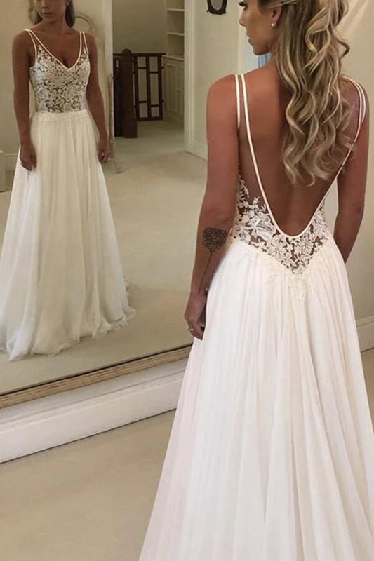 Long A-line Open Back V-neck Lace Chiffon Wedding Dress