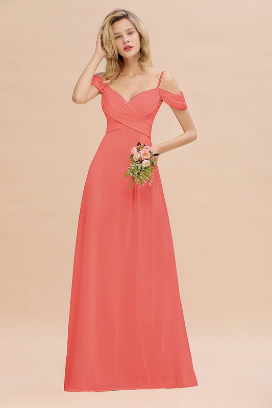 Long A-line Spaghetti Straps Sweetheart Ruffles Bridesmaid Dress with Sleeves