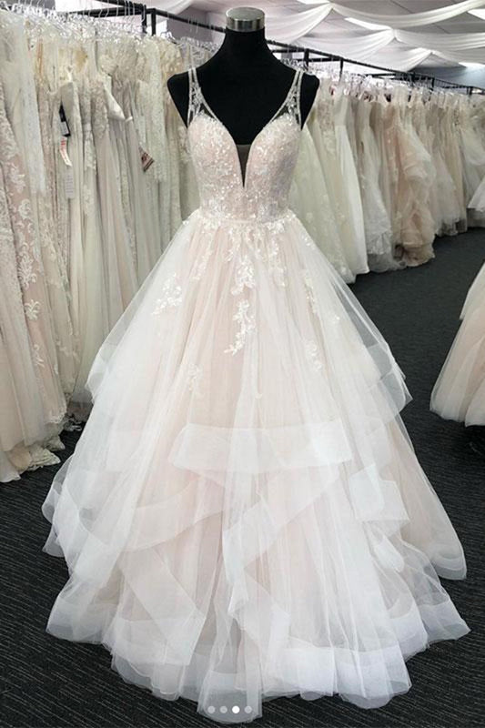 Long A-line Tulle V Neck Open Back Layered Wedding Dress (Copy)