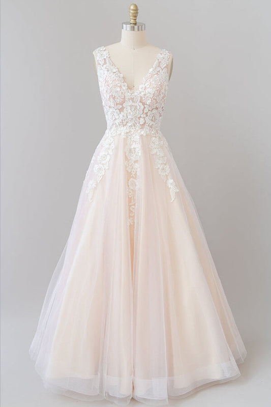 Long A-line V-neck Appliques Lace Tulle Backless Wedding Dress