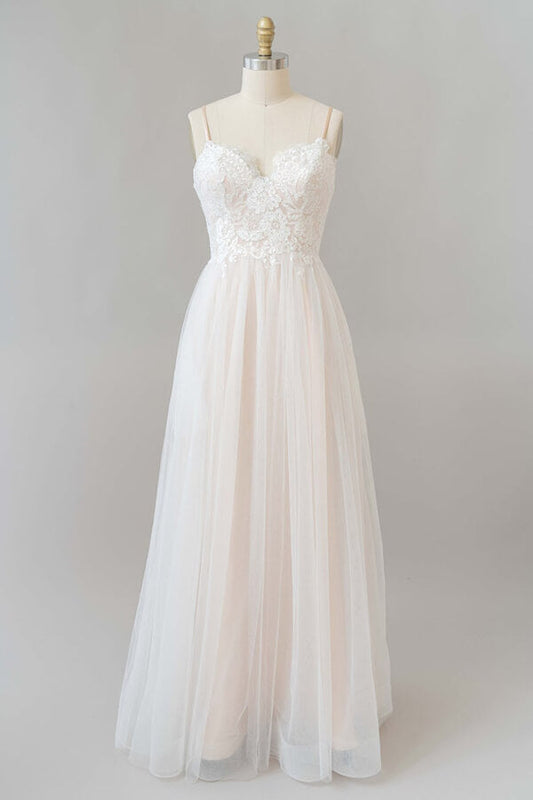 Long A-line V-neck Appliques Lace Tulle Backless Wedding Dress