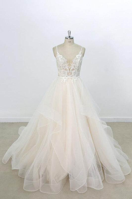 Long A-line V-neck Appliques Lace Tulle Wedding Dress