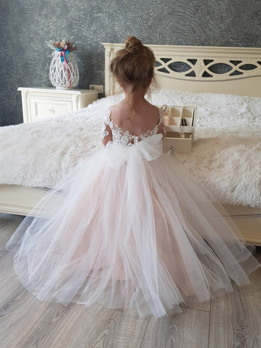 Long Princess Tulle Boho Flower Girl Dresses with Sleeves