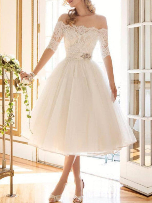 Short A-Line Off Shoulder Lace Tulle Wedding Dresses with Sleeves