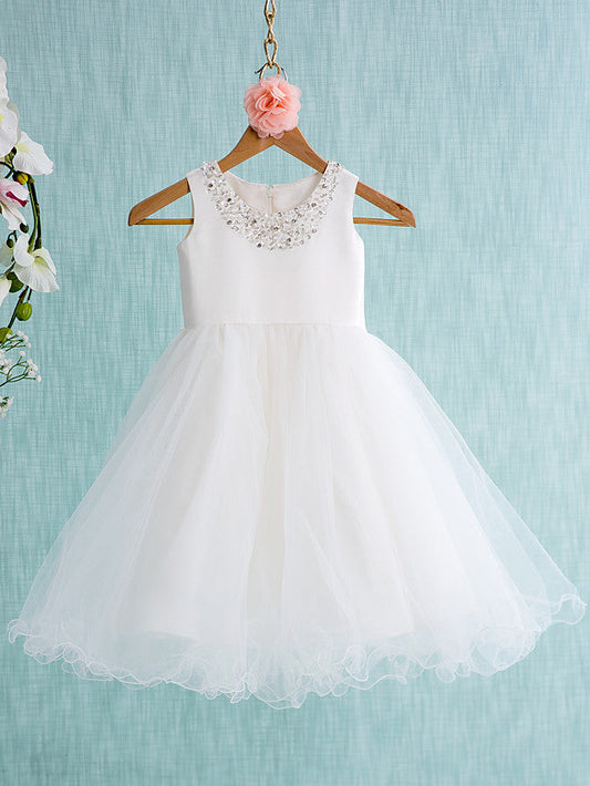 Short Ball Gown Satin Tulle Jewel Neck Wedding First Communion Flower Girl Dresses