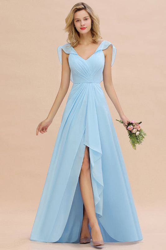 Simple High Low V-Neck Ruffles Chiffon Bridesmaid Dress