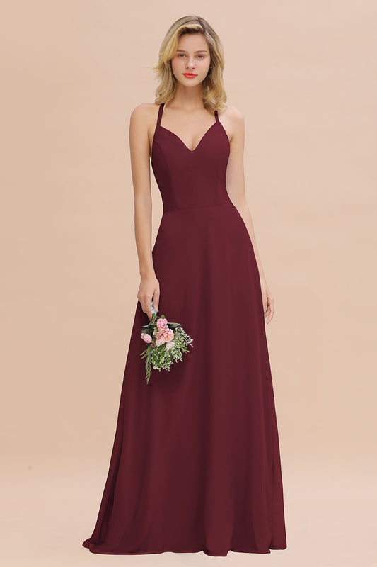 Stylish A-line Chiffon Spaghetti Straps Sleeveless Long Bridesmaid Dress